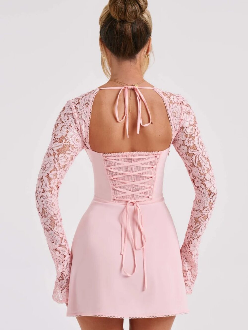 BABYBOO Jacinta Blush Pink Lace Flared Sleeve Corset Mini Dress, Size S - Picture 5 of 15